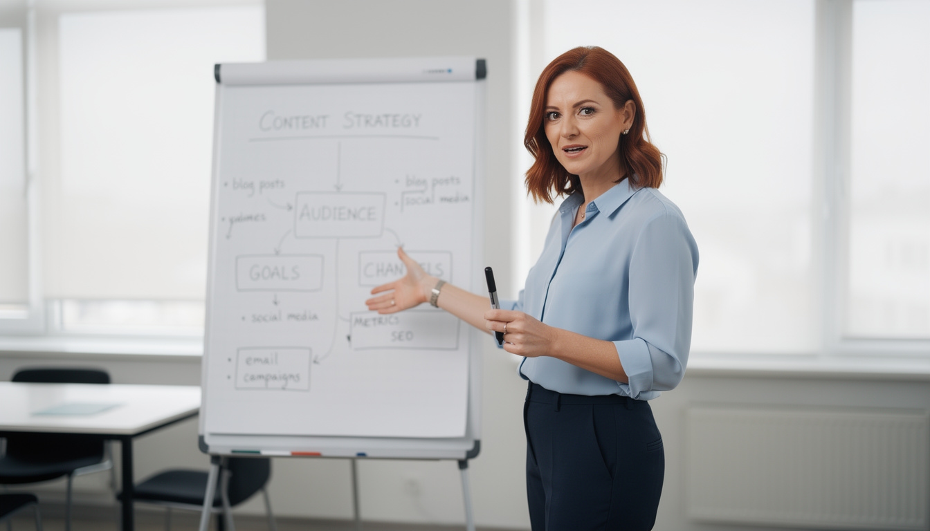 Formador explicando conceptos de marketing de contenidos a pequeños empresarios